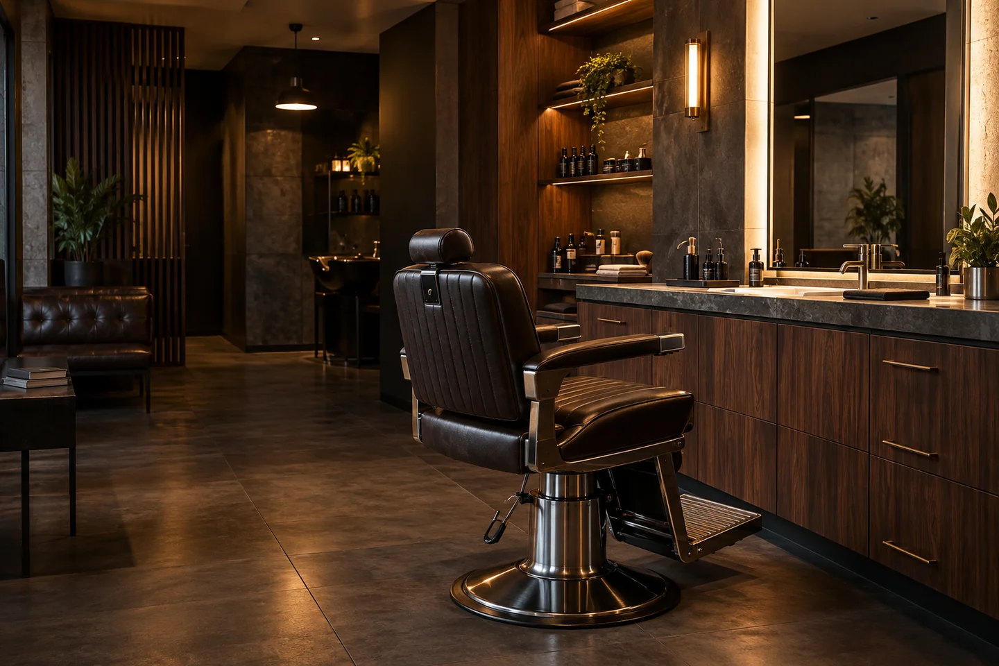 Interior demonstrativo de uma barbearia com cadeira de couro, espelho e luz quente